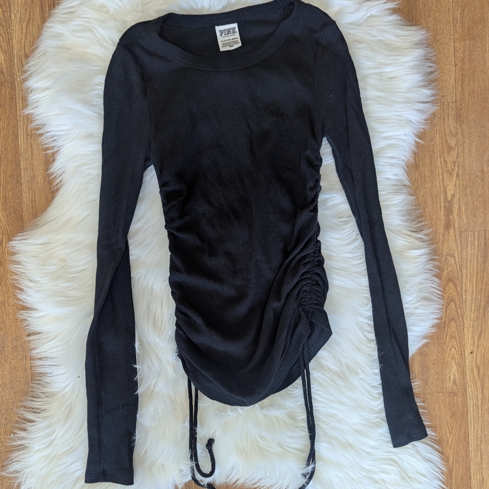 PINK Victoria's Secret Cinched Long Sleeve Waffle Knit Henley Black